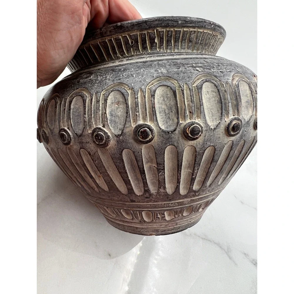 Vintage Thai Hand Carved Pottery Vessel Charcoal Gray Textured Decorative Pot